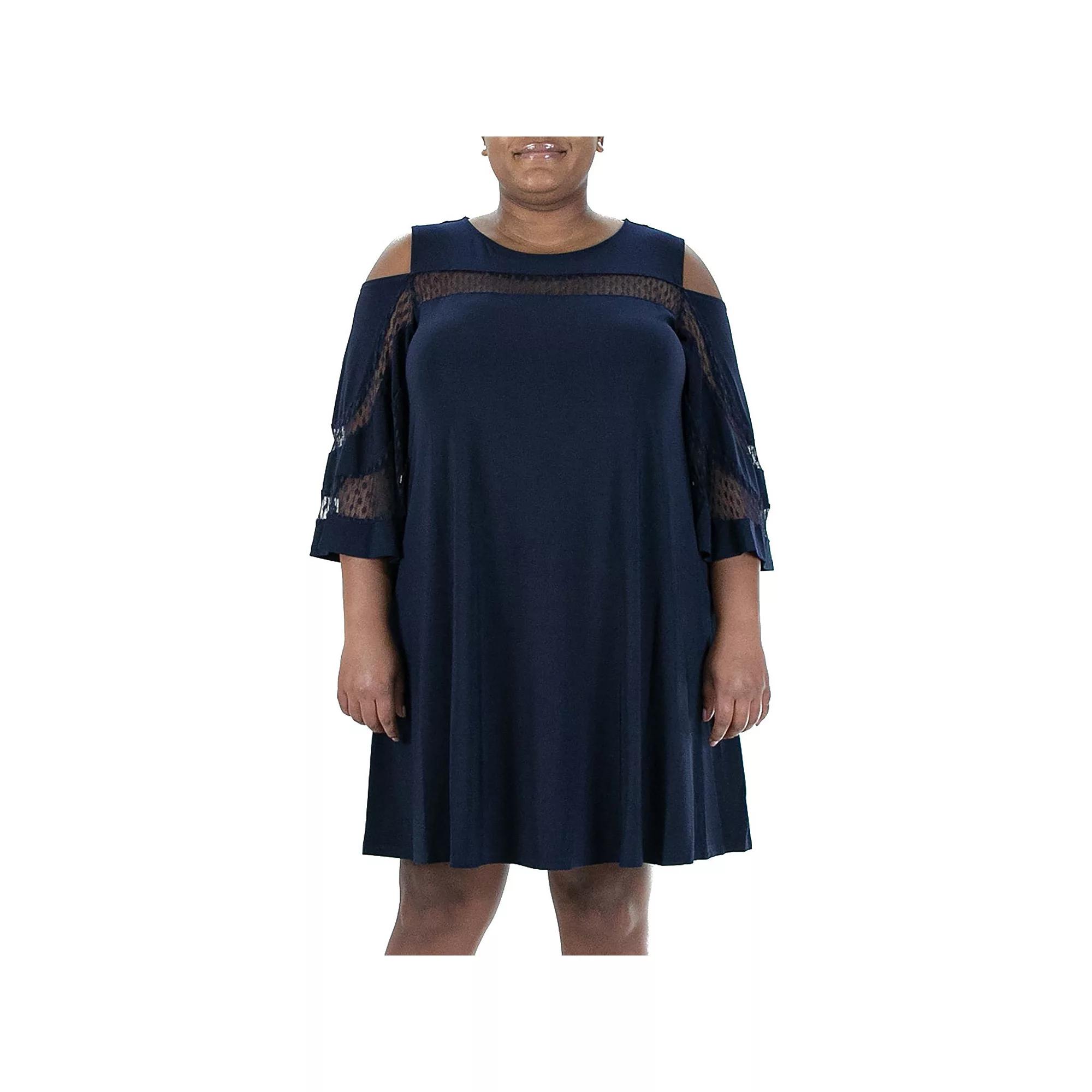 Plus Size Nina Leonard Dot Mesh Yoke Dress, Women's, Size: 1XL, Blue Product Image