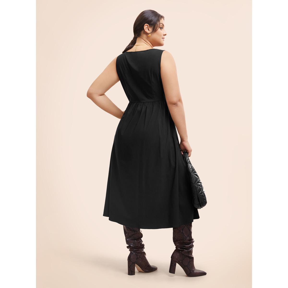 Plus Size Stretch Woven Blend Multiple Splicing Midi Dress Black Women Workwear Essentials Gathered Round Neck Sleeveless Curvy BloomChic 14-16/1X Product Image