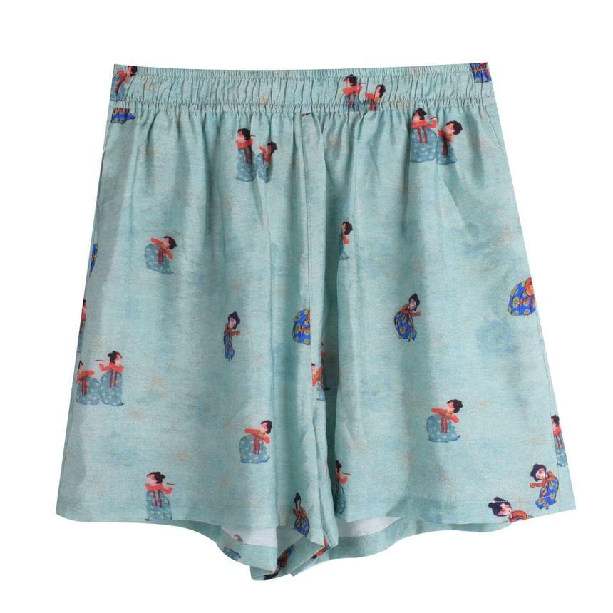 Plus Size Short-Sleeve Stand Collar Patterned Tassel Frog Buttoned Blouse / Elastic Waist Wide Leg Shorts Product Image