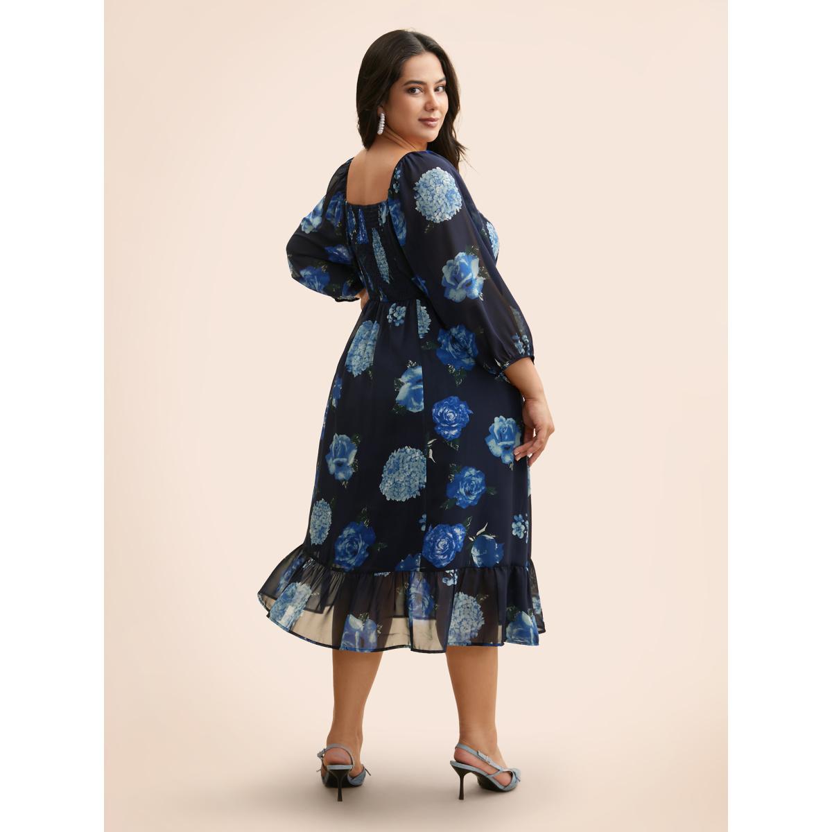 Plus Size Floral Patchwork Ruffle Hem Mesh Dress DarkBlue Women Elegant See through Square Neck Elbow-length sleeve Curvy BloomChic 18-20/2X Product Image