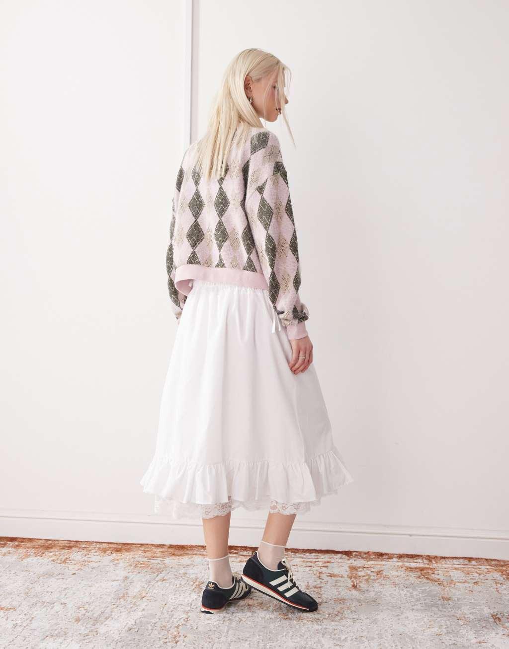 Reclaimed Vintage western cowgirl midi skirt with lace hem in white Product Image