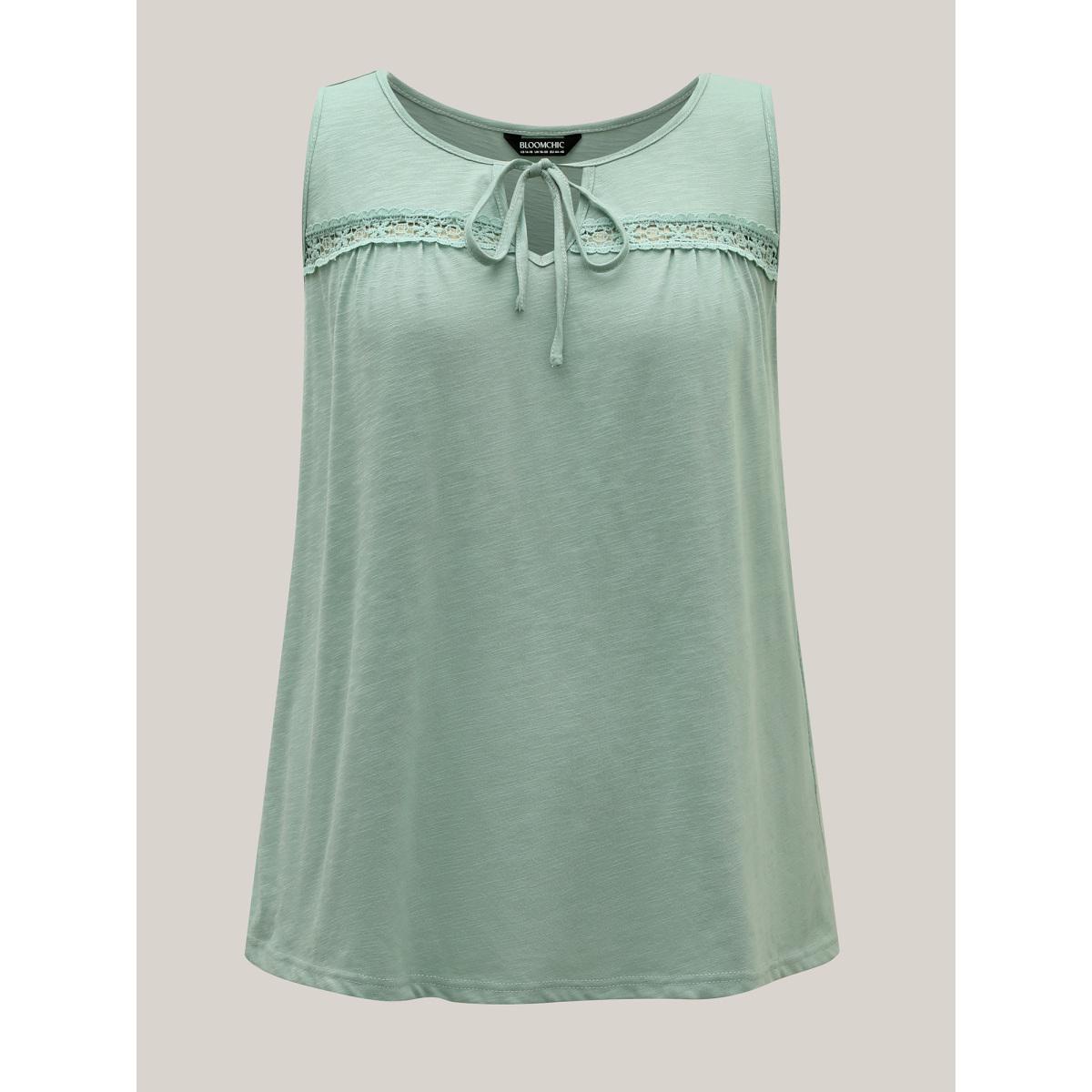 Plus Size Bamboo Cotton Stretchy Pleated Tank Top Women Greenbean Timeless Woven ribbon&lace trim Flat collar with V-notch Elegant Tank Tops Camis BloomChic 14-16/1X Product Image