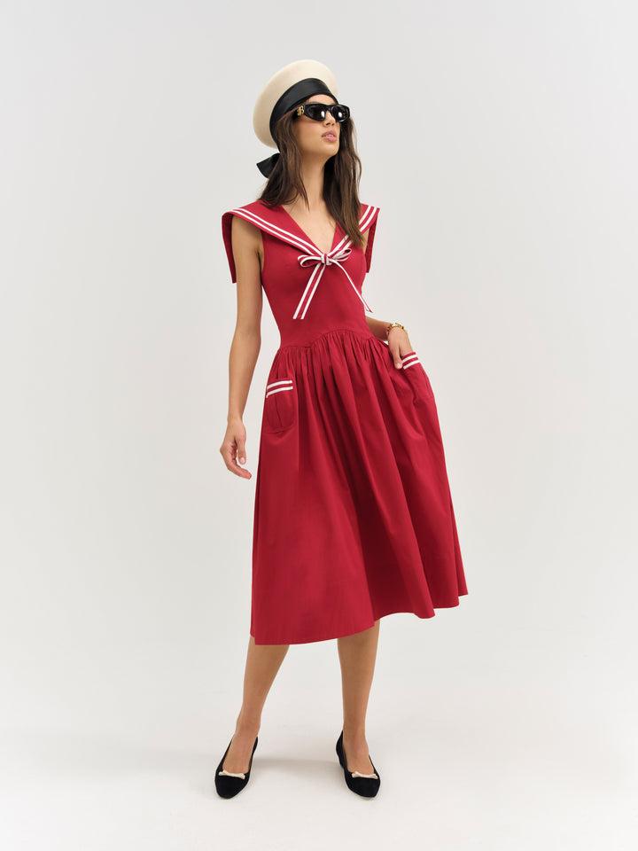 Helena Poplin Collared Midi Dress — Red Product Image