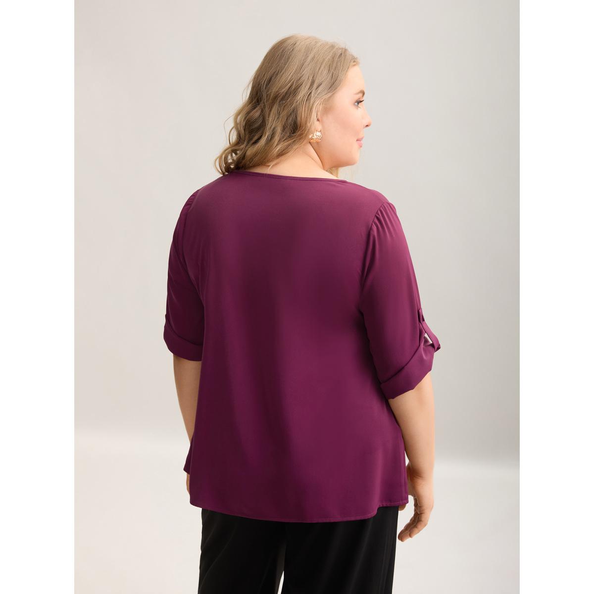 Plus Size Plum Toothpick Pleat Gathered Sleeve Solid Shirt Women At the Office Elbow-length sleeve Notched collar Work Blouses BloomChic 22-24/3X Product Image