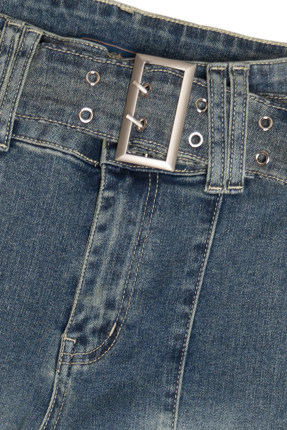 Belted Flare Grunge Wash Jeans Product Image