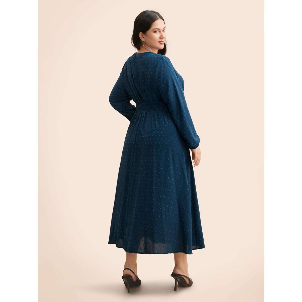 Plus Size Overlap Collar Textured Ruched Dress Aegean Women Elegant Texture Overlap Collar Long Sleeve Curvy BloomChic 12/L Product Image