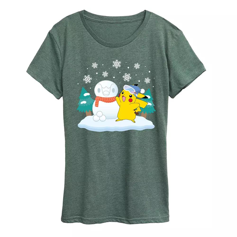 Women's Pokemon Pikachu Piplup Snowman Graphic Tee,  Product Image