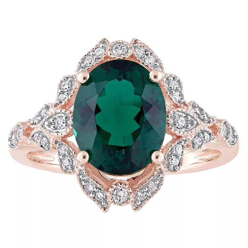 Stella Grace 10k Rose Gold Lab-Created Emerald & 1/5 Carat T.W Diamond Vintage Cocktail Ring, Women's, Size: 8.50 Product Image