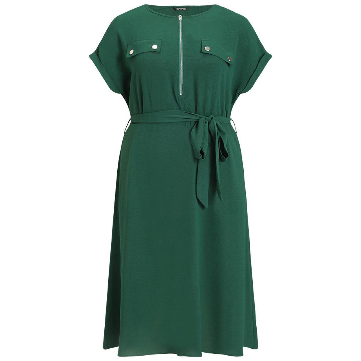 Plus Size Plain Zipper Pocket Button Detail Belted Roll Dress DarkGreen Women Office Plain Round Neck Short sleeve Curvy Midi Dress BloomChic 22-24/3X Product Image