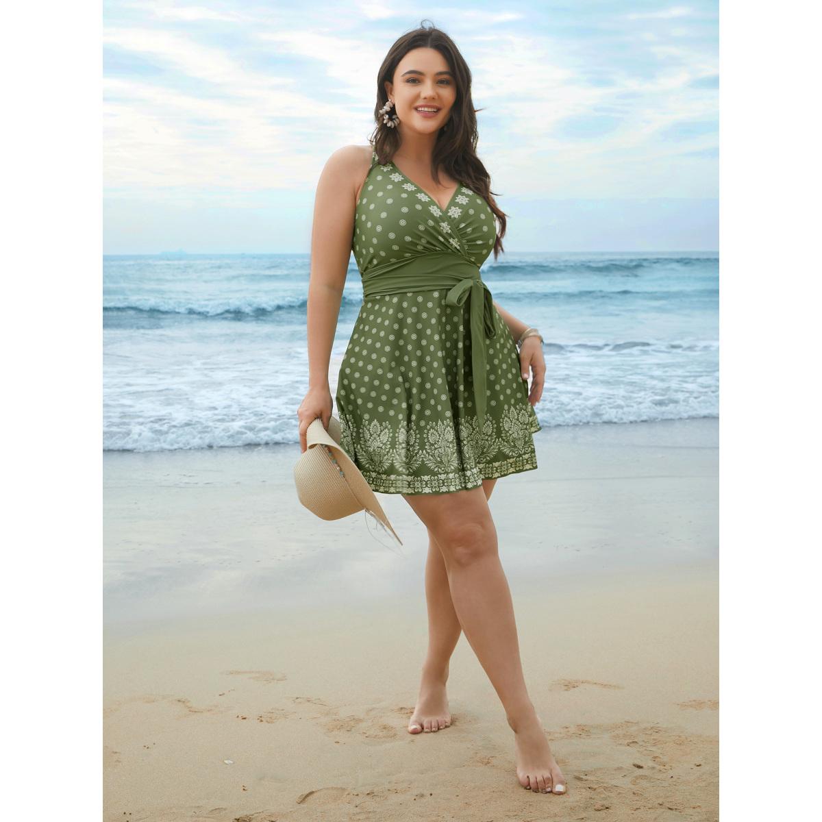 Plus Size Boho Print Waist-Tie Surplice Neck Swim Dress Women's Swimwear Greenbean Resort Bodycon Overlap Collar High stretch Curve Swim Dresses BloomChic 10/M Product Image