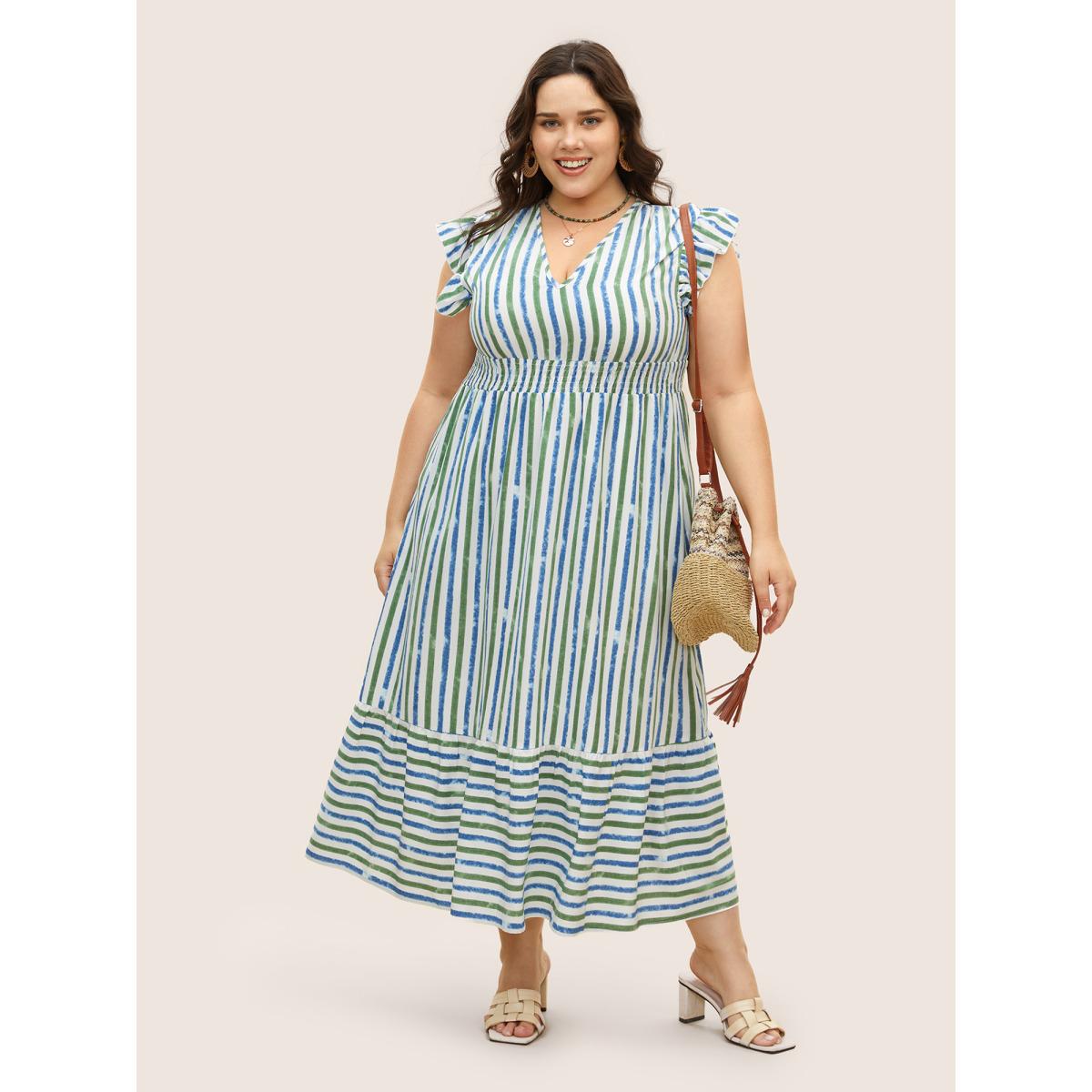 Plus Size Striped Ruffle Cap Sleeve Shirred Dress Mediumblue Women Resort Shirred V-neck Cap Sleeve Curvy BloomChic 18-20/2X Product Image