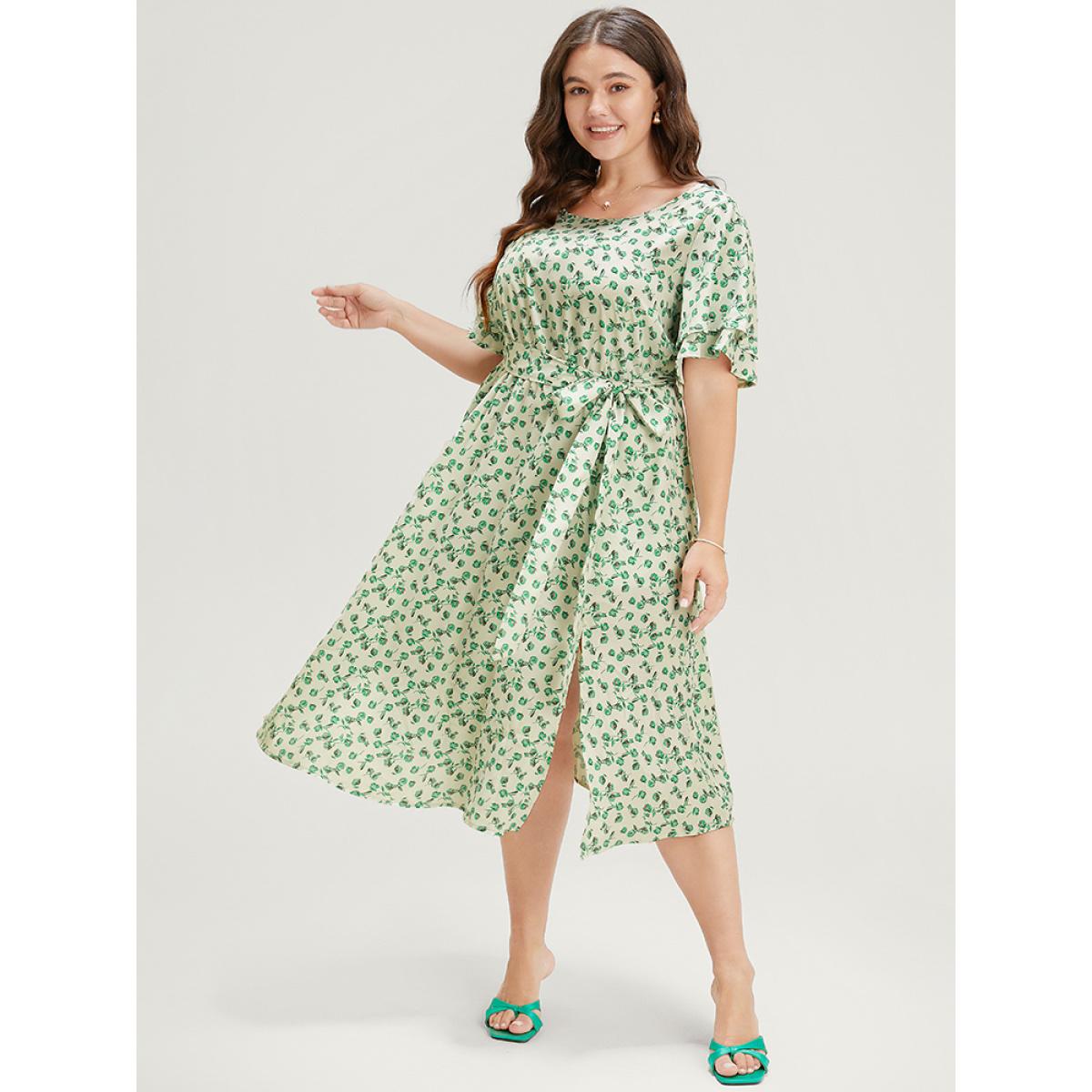 Plus Size Ditsy Floral Flutter Sleeve Pocket Split Hem Belt Dress YellowGreen Women Elegant Pocket V-neck Short sleeve Curvy Midi Dress BloomChic 30/6X Product Image