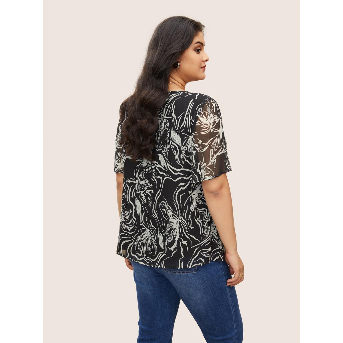Plus Size Black Floral Half Zip Patchwork Mesh Blouse Women Elegant Short sleeve V-neck Everyday Blouses BloomChic 18-20/2X Product Image