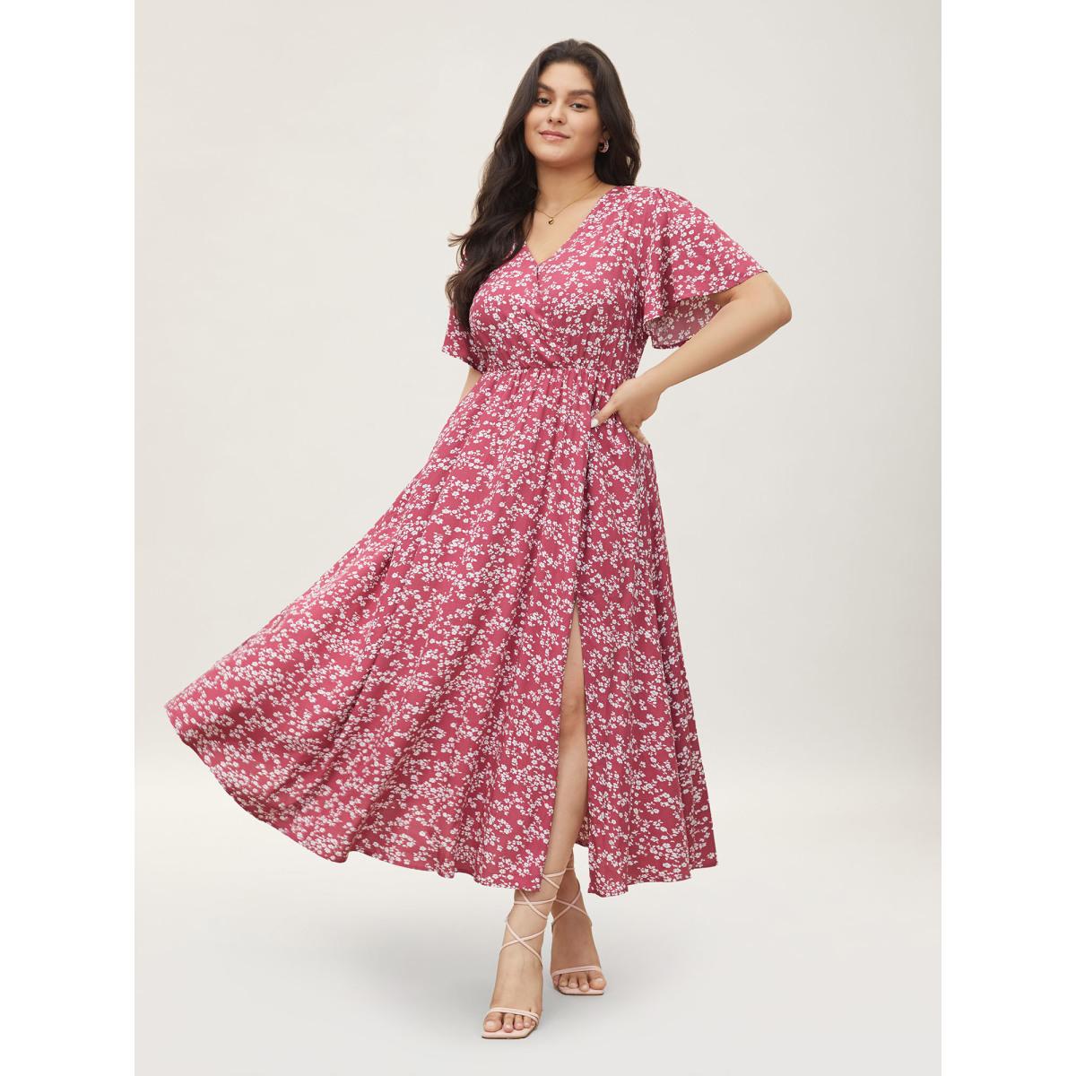 Plus Size Bloom Dress - Flutter Sleeve Ditsy Floral Pocket Split Maxi Dress LightGreen Women Romantic Slit V-neck Half Sleeve Curvy Long Dress BloomChic 10/M Product Image