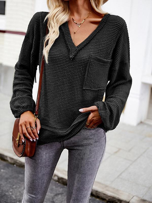 Long Sleeves Loose Elasticity Pockets Solid Color Split-Joint V-Neck T-Shirts Tops Product Image