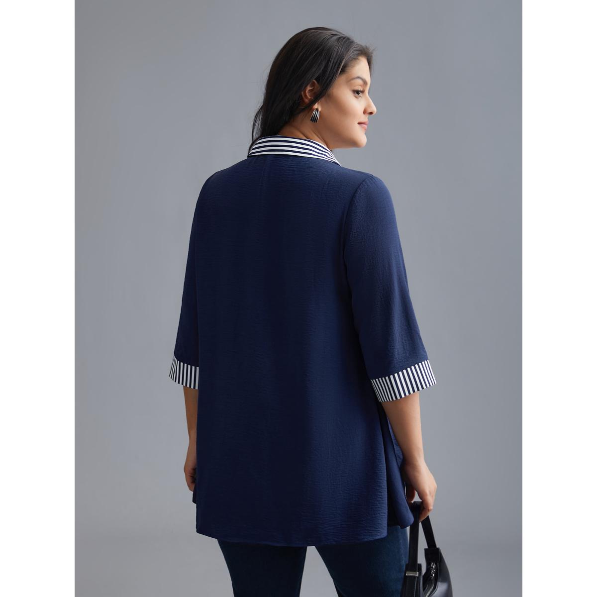 Plus Size Indigo Shirt Collar Patchwork Striped Blouse Women Office Extra Long Sleeve Square Neck Office Blouses BloomChic 28/5X Product Image