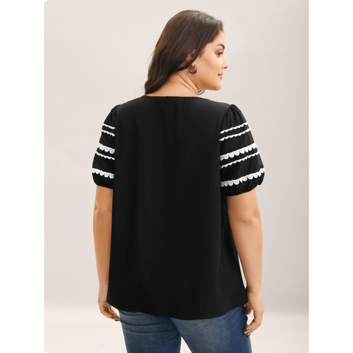Plus Size Black Color Contrast Sleeve Relaxed Blouse Women Short sleeve Round Neck Work Blouses BloomChic 14-16/1X Product Image