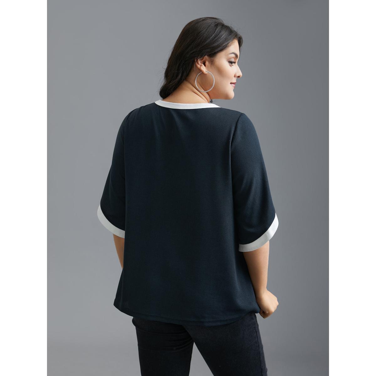 Plus Size Color Contrast Waffle Knit Bell Sleeve T-Shirt Indigo Women Casual Texture Round Neck Everyday T-shirts BloomChic 12/L Product Image