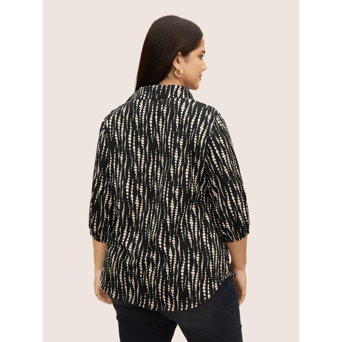 Plus Size Black Striped Lace Up Gathered Lantern Sleeve Blouse Women At the Office Elbow-length sleeve Shirt collar Work Blouses BloomChic 26/4X Product Image