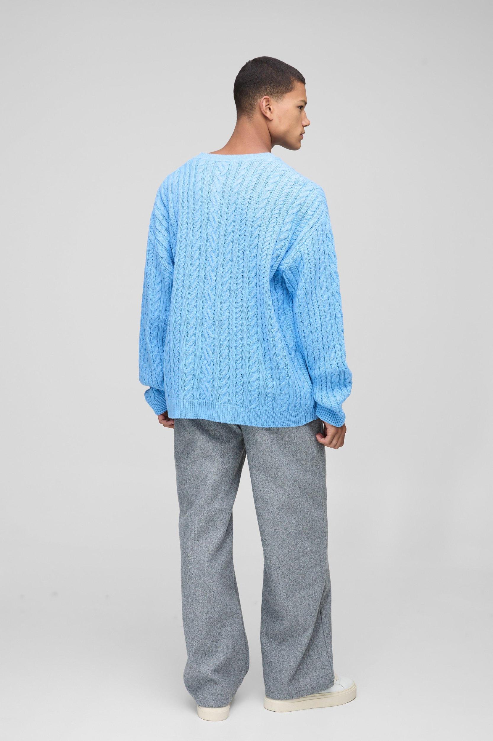 Oversized Cable Knit BM Crew Neck Knit Sweater | boohooMAN USA Product Image