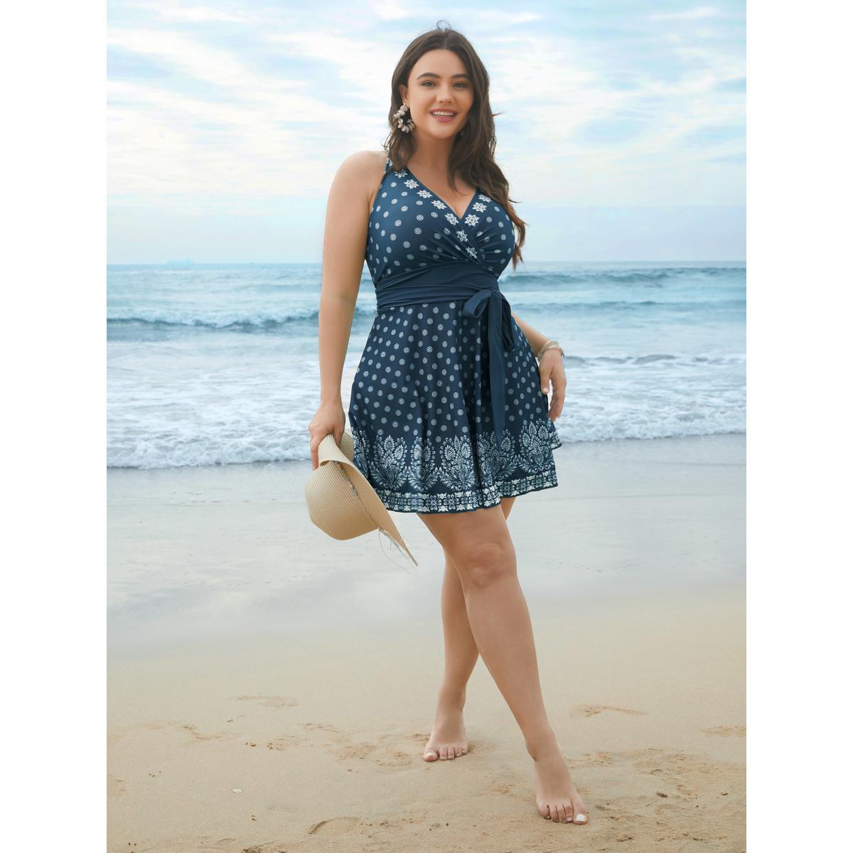 Plus Size Boho Print Waist-Tie Surplice Neck Swim Dress Women's Swimwear Cyan Resort Bodycon Overlap Collar High stretch Curve Swim Dresses BloomChic 18-20/2X Product Image