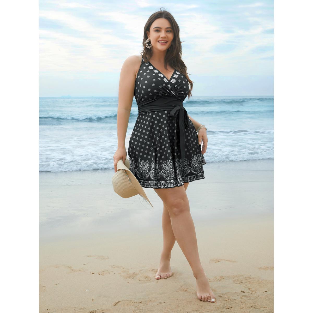 Plus Size Boho Print Waist-Tie Surplice Neck Swim Dress Women's Swimwear Black Beach Bodycon Overlap Collar High stretch Curve Swim Dresses BloomChic 28/5X Product Image