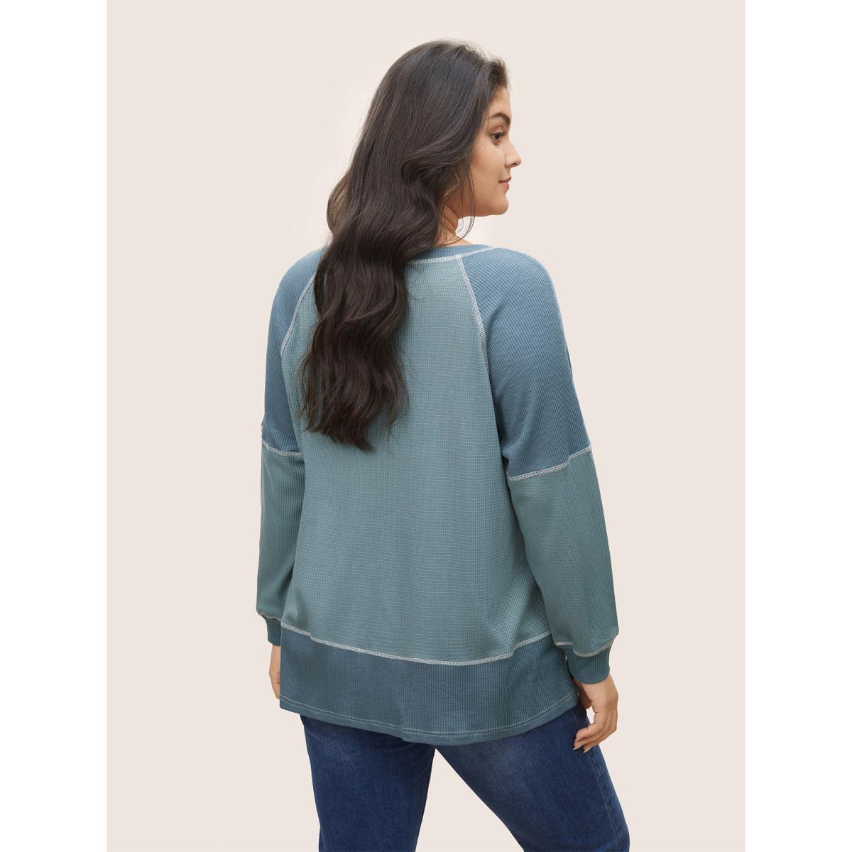 Plus Size Patchwork Texture Waffle Knit Sweatshirt Women Stone Casual Topstitching V-neck Everyday Sweatshirts BloomChic 18-20/2X Product Image