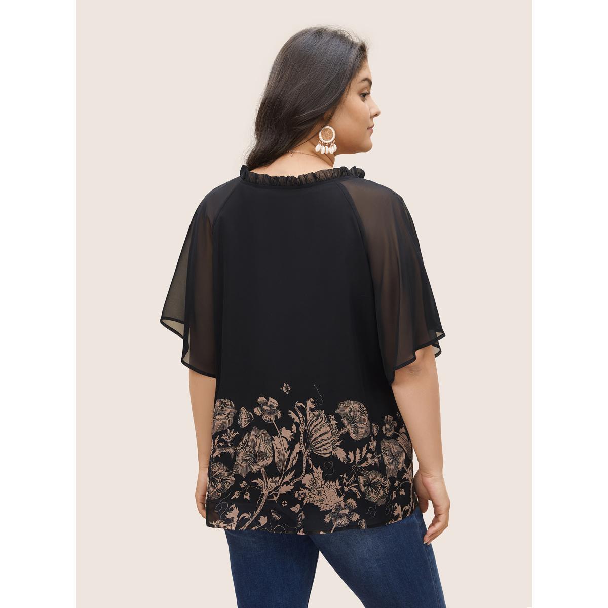 Plus Size Black Boho Print Patchwork Mesh Frill Trim Blouse Women Resort Half Sleeve Notched collar Vacation Blouses BloomChic 12/L Product Image