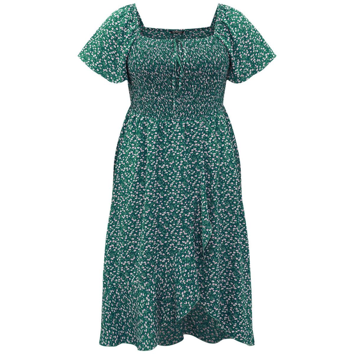 Plus Size Ditsy Floral Shirred Bowknot Pocket Wrap Hem Dress Teal Women Elegant Wrap Square Neck Short sleeve Curvy Midi Dress BloomChic 28/5X Product Image