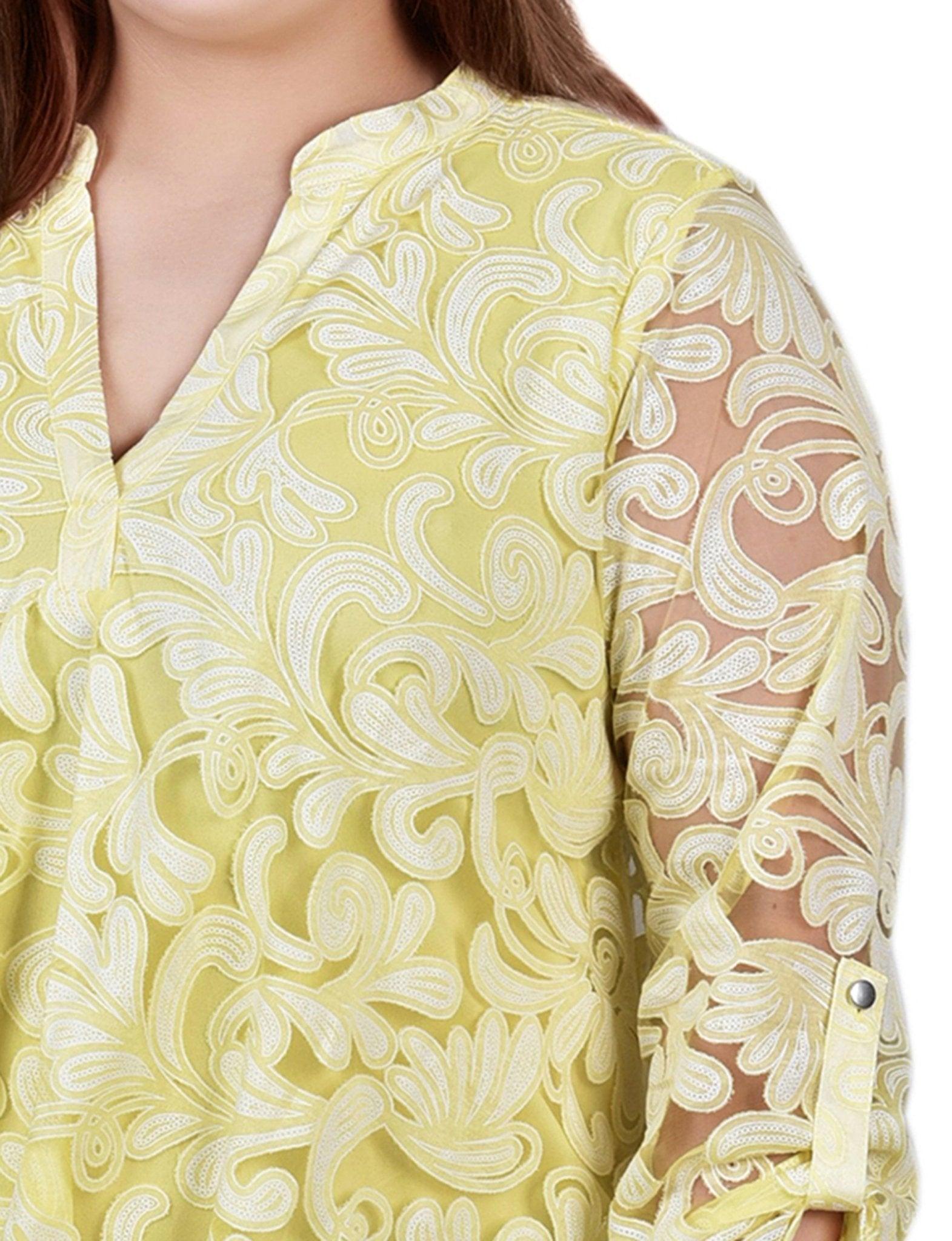 Yellow Scrolleaf Long Sleeve Burnout Y Neck Blouse - Plus Product Image