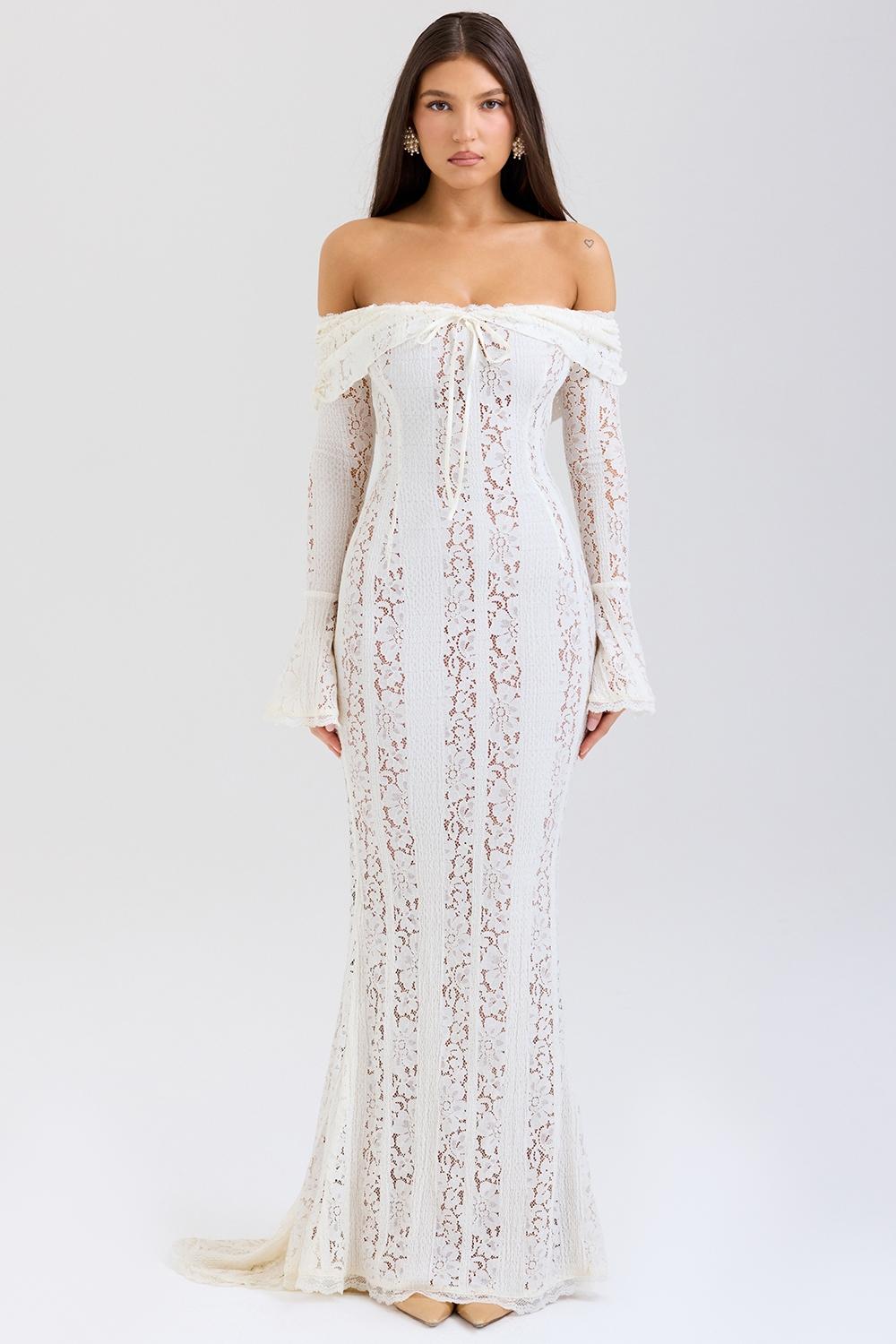 Belle  vintage cream floral lace off shoulder maxi dress Product Image