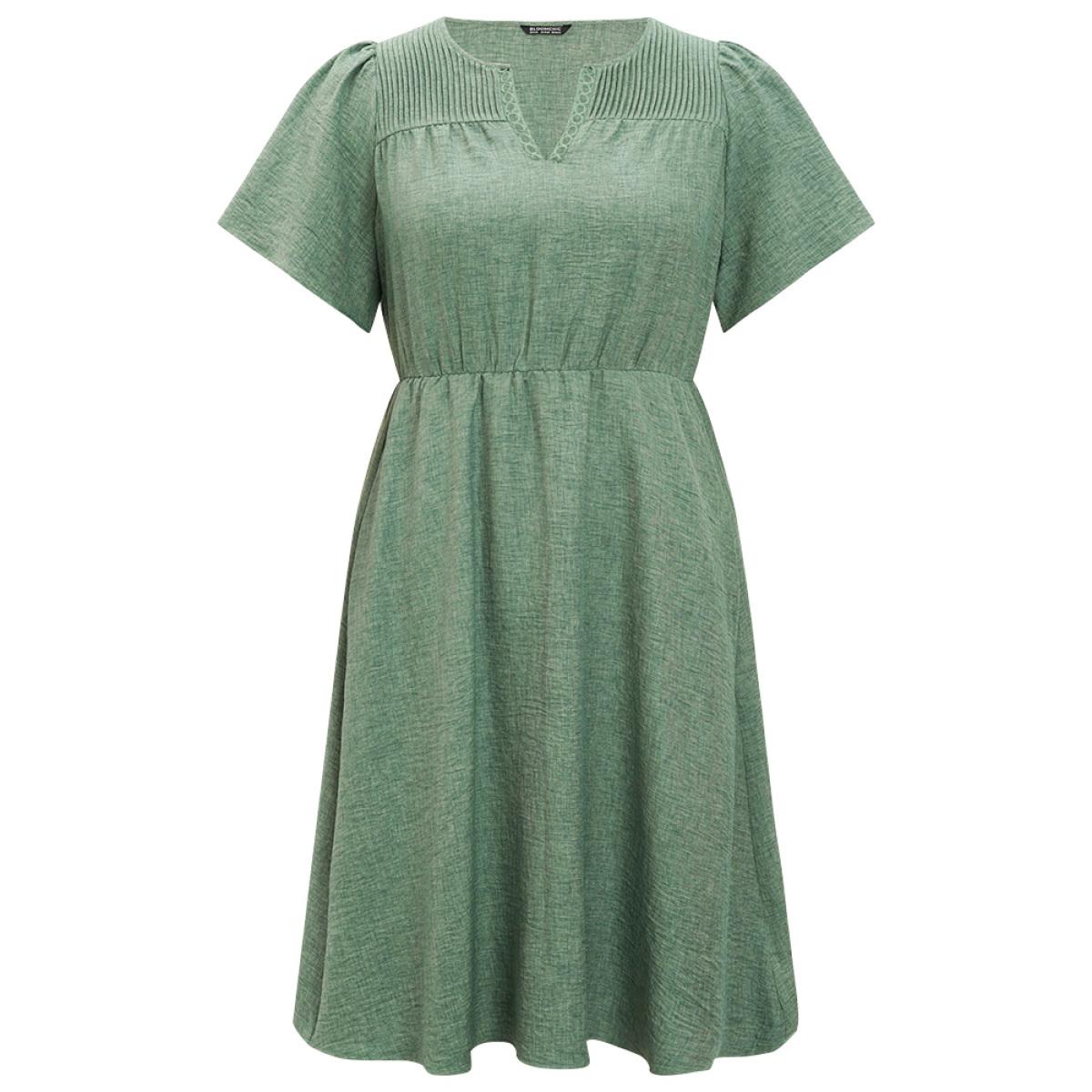 Plus Size Solid Pleated Detail Lace Pocket Ruffle Sleeve Dress Emerald Women Elegant Pleated V-neck Short sleeve Curvy Midi Dress BloomChic 18-20/2X Product Image