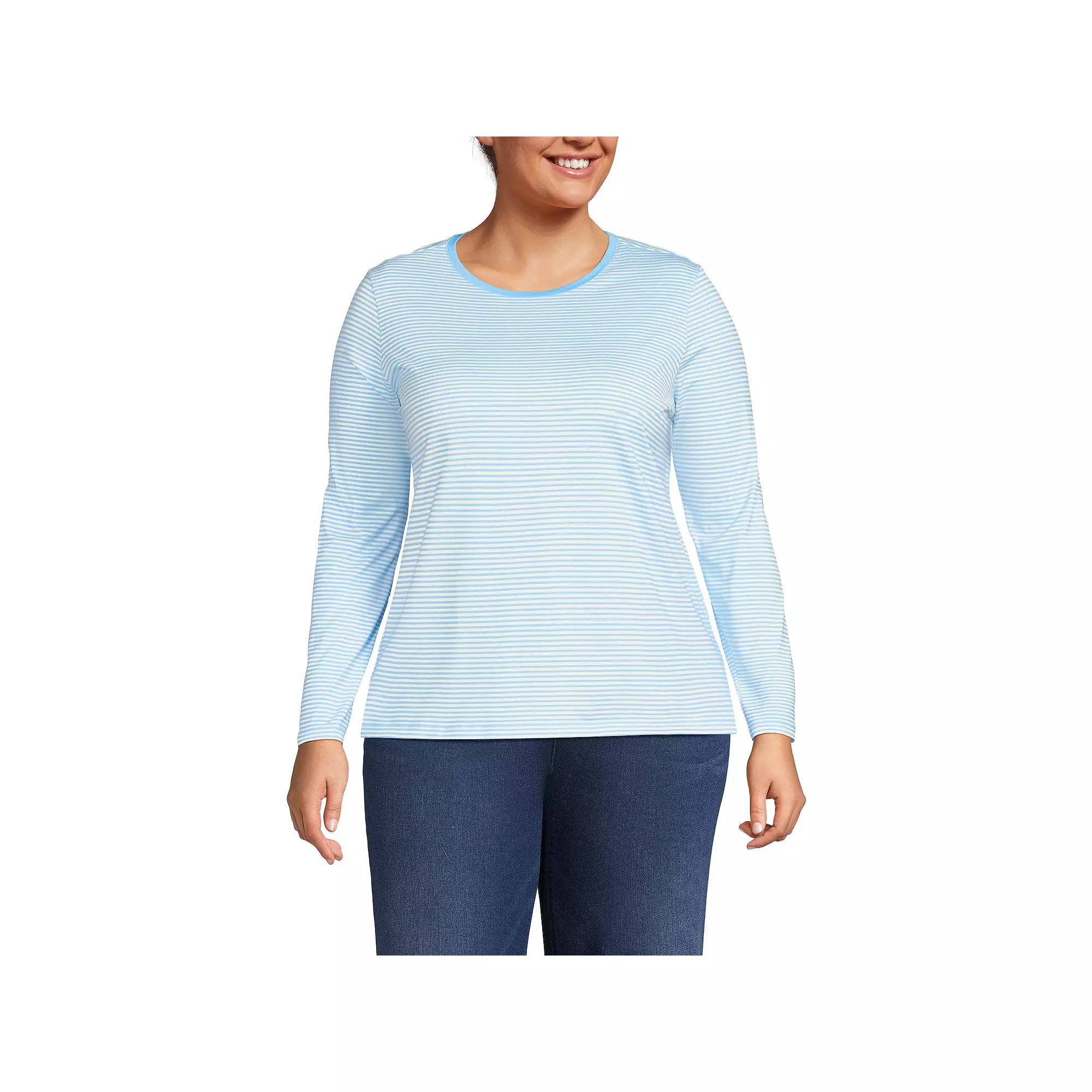 Plus Size Lands' End Long Sleeve Relaxed Supima Cotton Crewneck Tee, Women's, Size: 1XL, Bermuda Blue Stripe Product Image