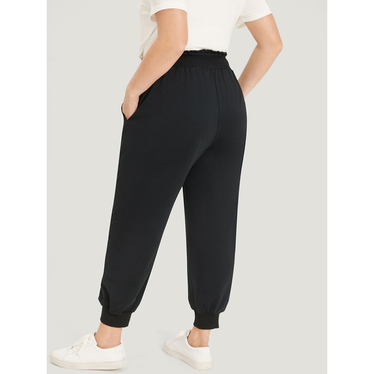 Solid Pocket Bowknot Shirred Sweatpants Black Plus Size Women Casual Dailywear Drawstring 26/4X Bloomchic Product Image