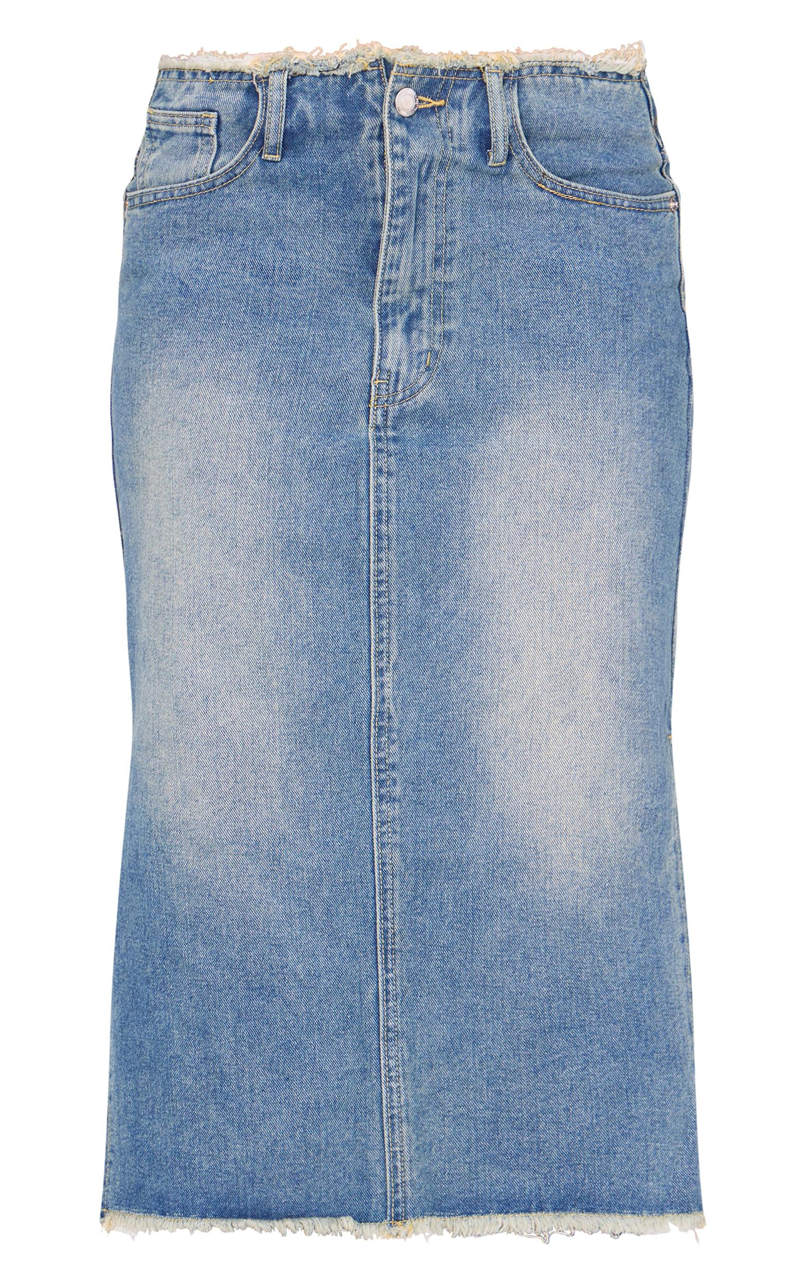 Vintage Wash Side Split Raw Hem Denim Midi Skirt Product Image