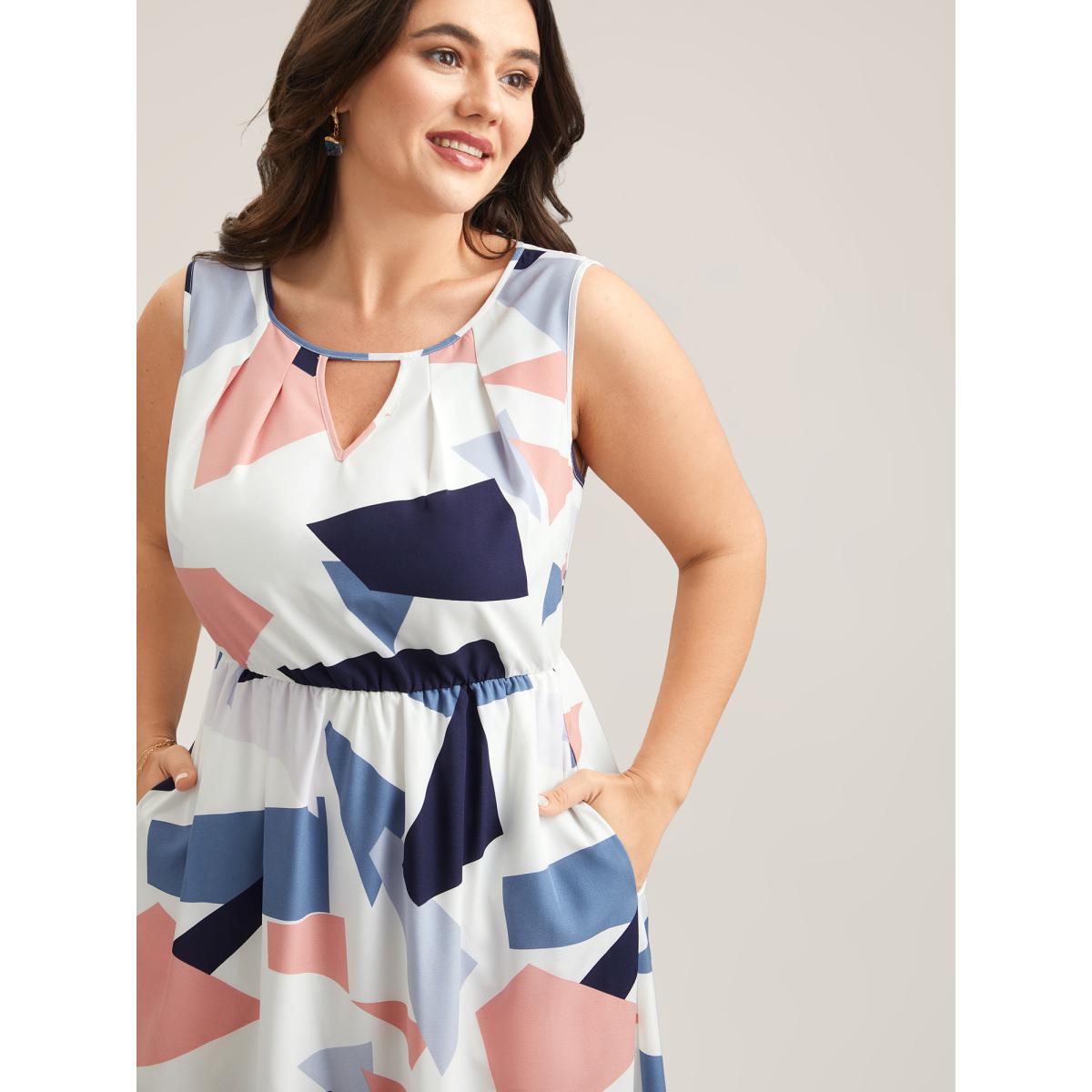 Plus Size Shapes Pattern Keyhole Pockets Midi Dress Multicolor Women Elegant Cut-Out Round Neck Sleeveless Curvy BloomChic 28/5X Product Image