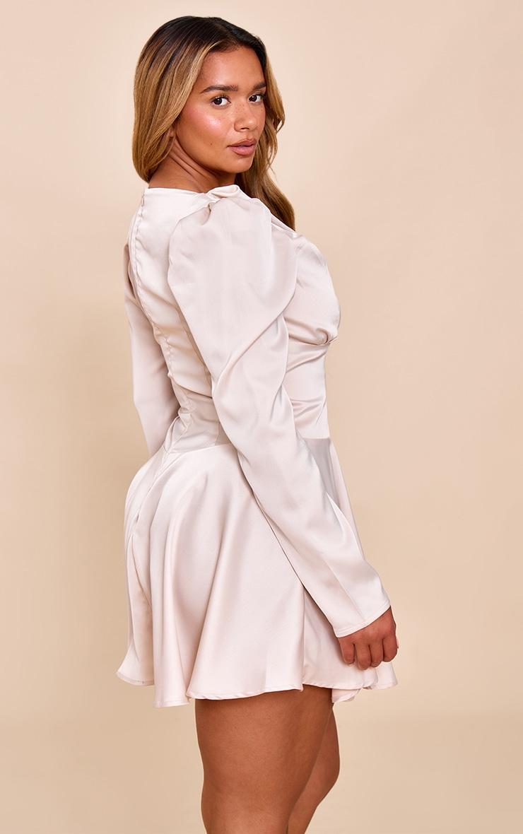 Shape Cream Satin Boat Neck Cinched Waist Skater Mini Dress Product Image