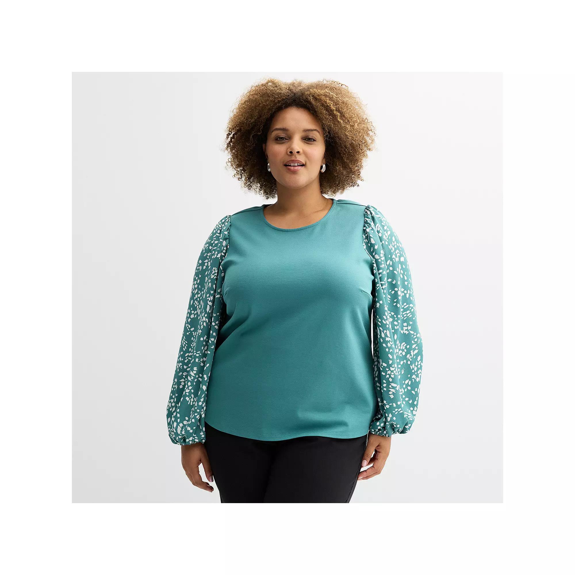 Plus Size Nine West Mixed Long Puff Sleeve Crewneck Top, Women's, Size: 2XL, Black Bold Leaf Product Image