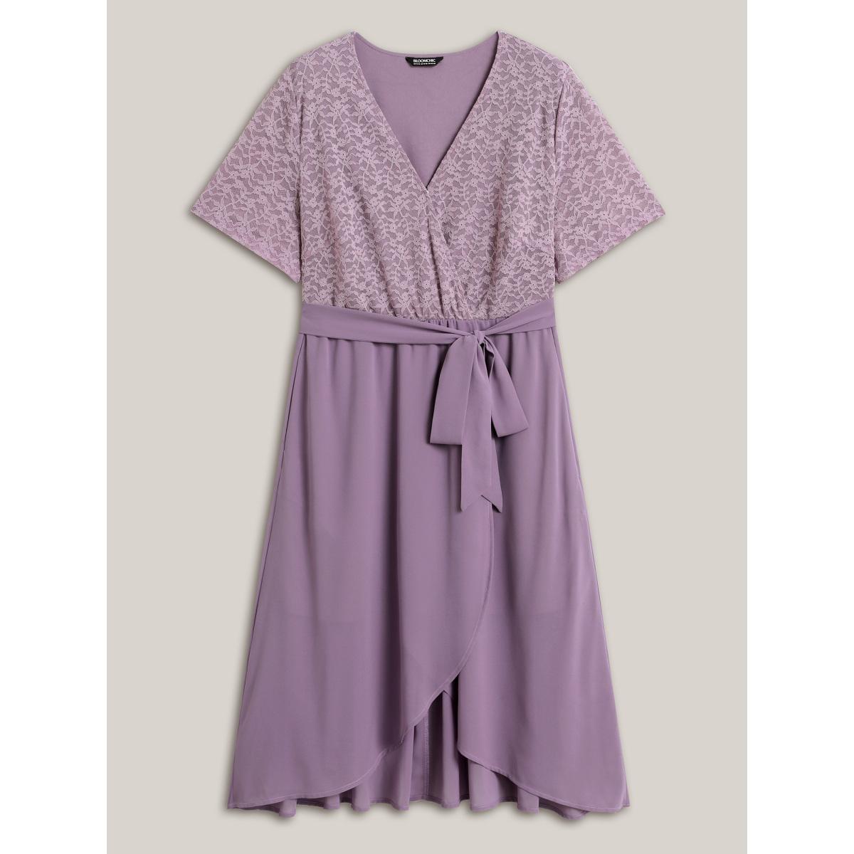 Plus Size Lace Sheer Stretchy Waist Tie Midi Dress Mauve Women Overlap Collar Short sleeve Curvy BloomChic 10/M Product Image