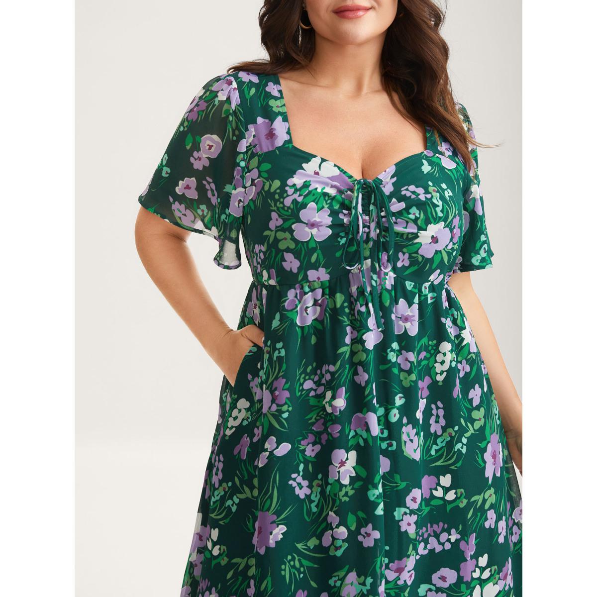 Plus Size Floral Chiffon Ruched Drawstring Midi Dress DarkGreen Women Romantic Heart neckline Short sleeve Curvy BloomChic 14-16/1X Product Image
