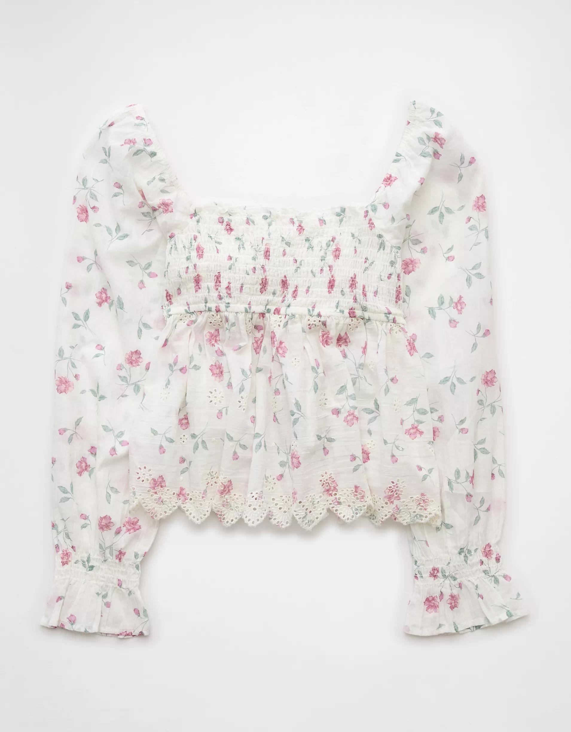 AE Long-Sleeve Smocked Babydoll Blouse Product Image