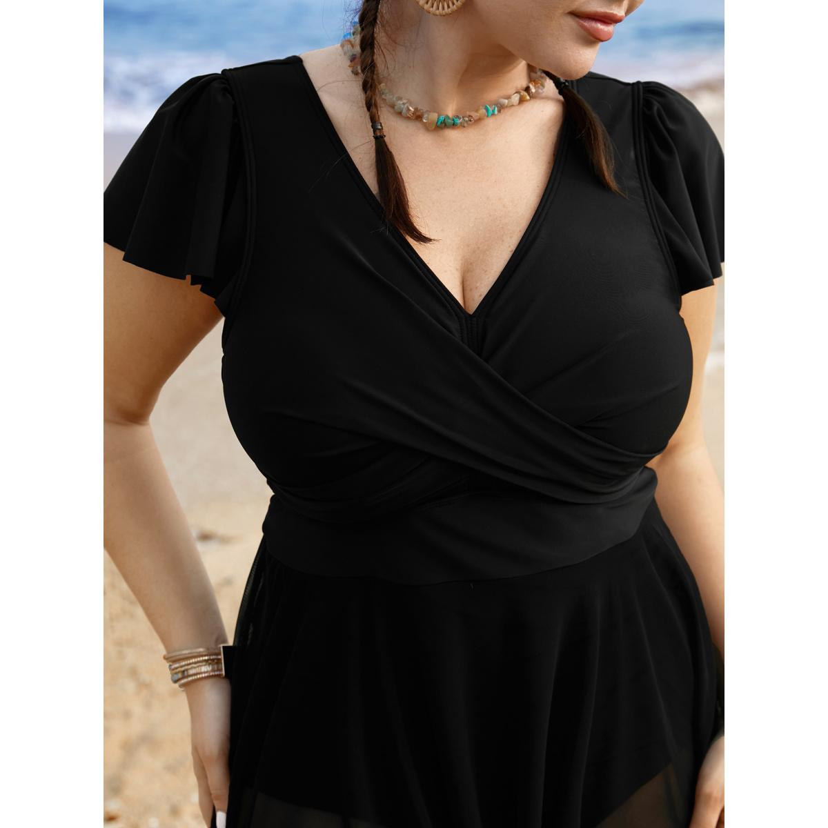 Plus Size Solid Ruffles Gathered See Through Swim Dress Women's Swimwear Black Beach Bodycon V-neck High stretch Curve Swim Dresses BloomChic 12/L Product Image