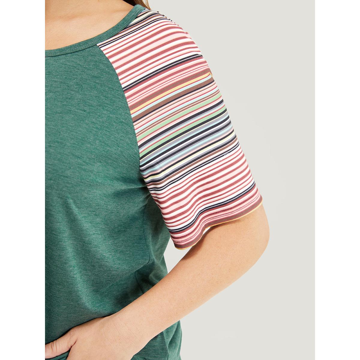 Plus Size Supersoft Essentials Striped Contrast Raglan Sleeve Curved Hem T-shirt DarkGreen Women Casual Contrast Plain Round Neck Everyday T-shirts BloomChic 30/6X Product Image