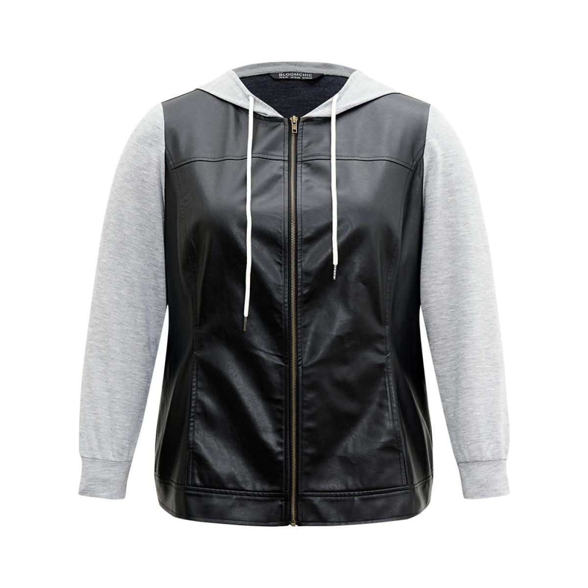 Plus Size PU Leather Zipper Hooded Drawstring Jacket Women Black Contrast Pocket Everyday Jackets BloomChic 22-24/3X Product Image