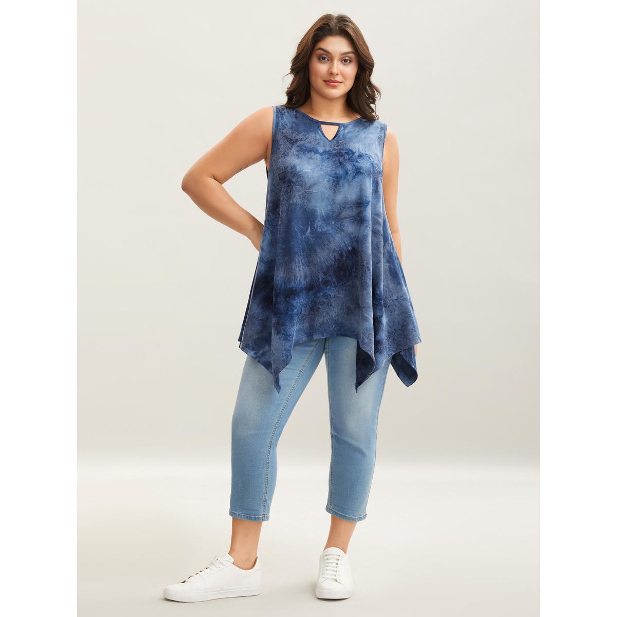 Plus Size Tie-Dye Keyhole Long Tank Top Women Mediumblue Casual Cut-Out Notched collar Casual Tank Tops Camis BloomChic 10/M Product Image