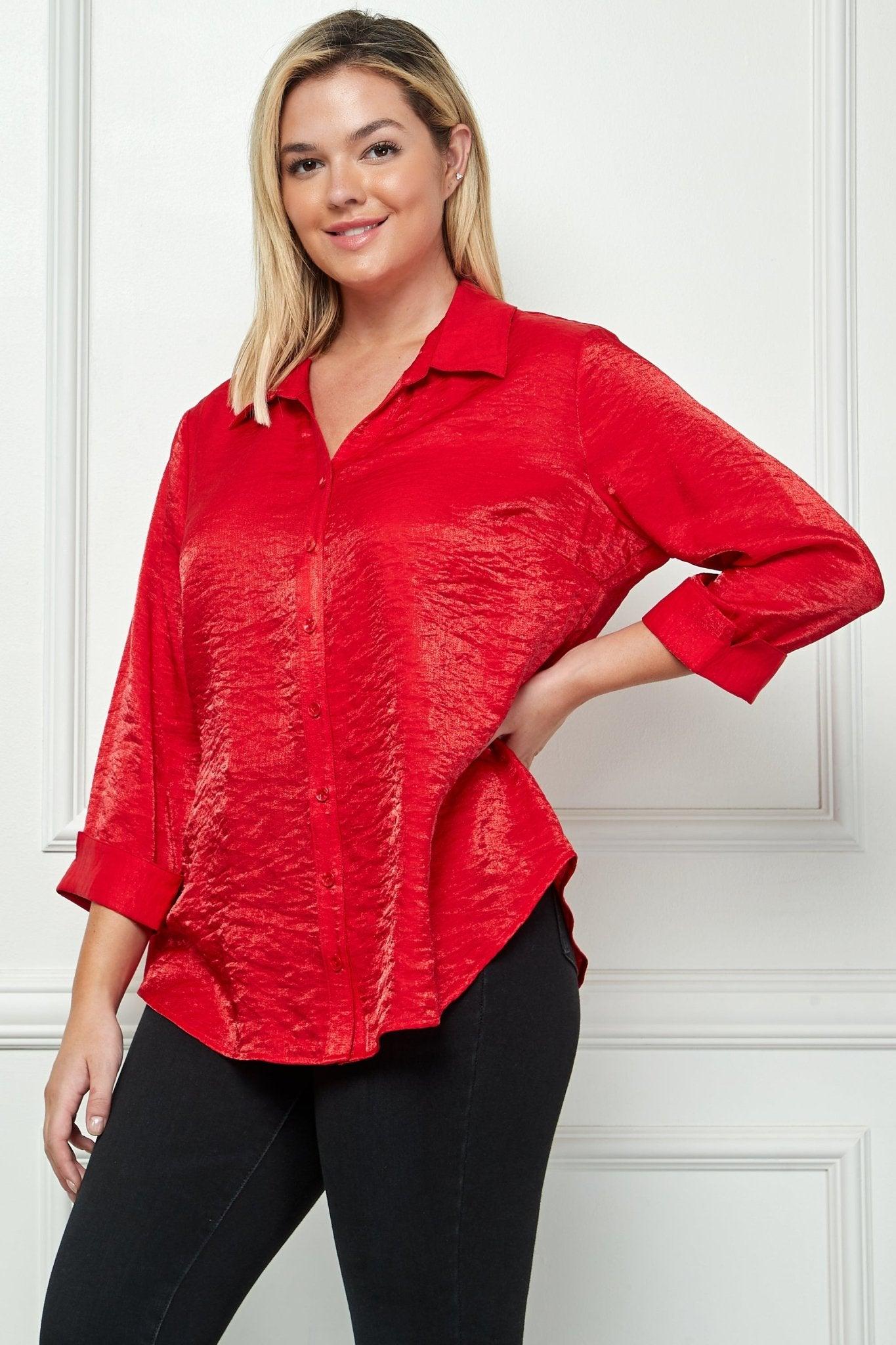 3/4 Flare Sleeve Cutout Neck Bubble Blouse in Red -Plus Product Image