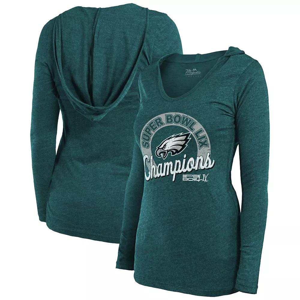 Womens Majestic Threads Midnight Philadelphia Eagles Super Bowl LIX Champions Hail Mary Tri-Blend V-Neck Long Sleeve Hoodie T-Shirt Product Image