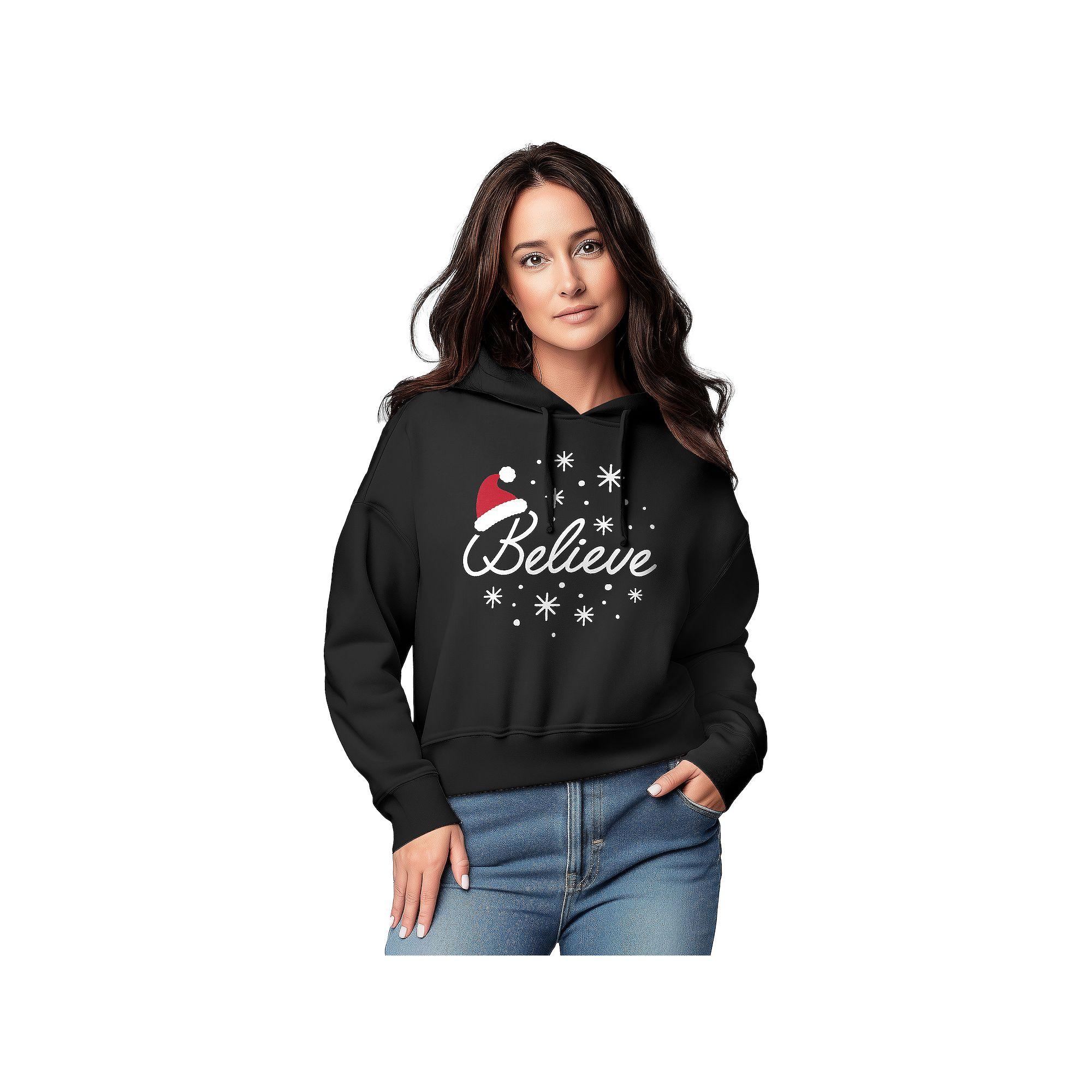 Women's Believe With Santa Hat Graphic Cropped Hoodie,  Product Image