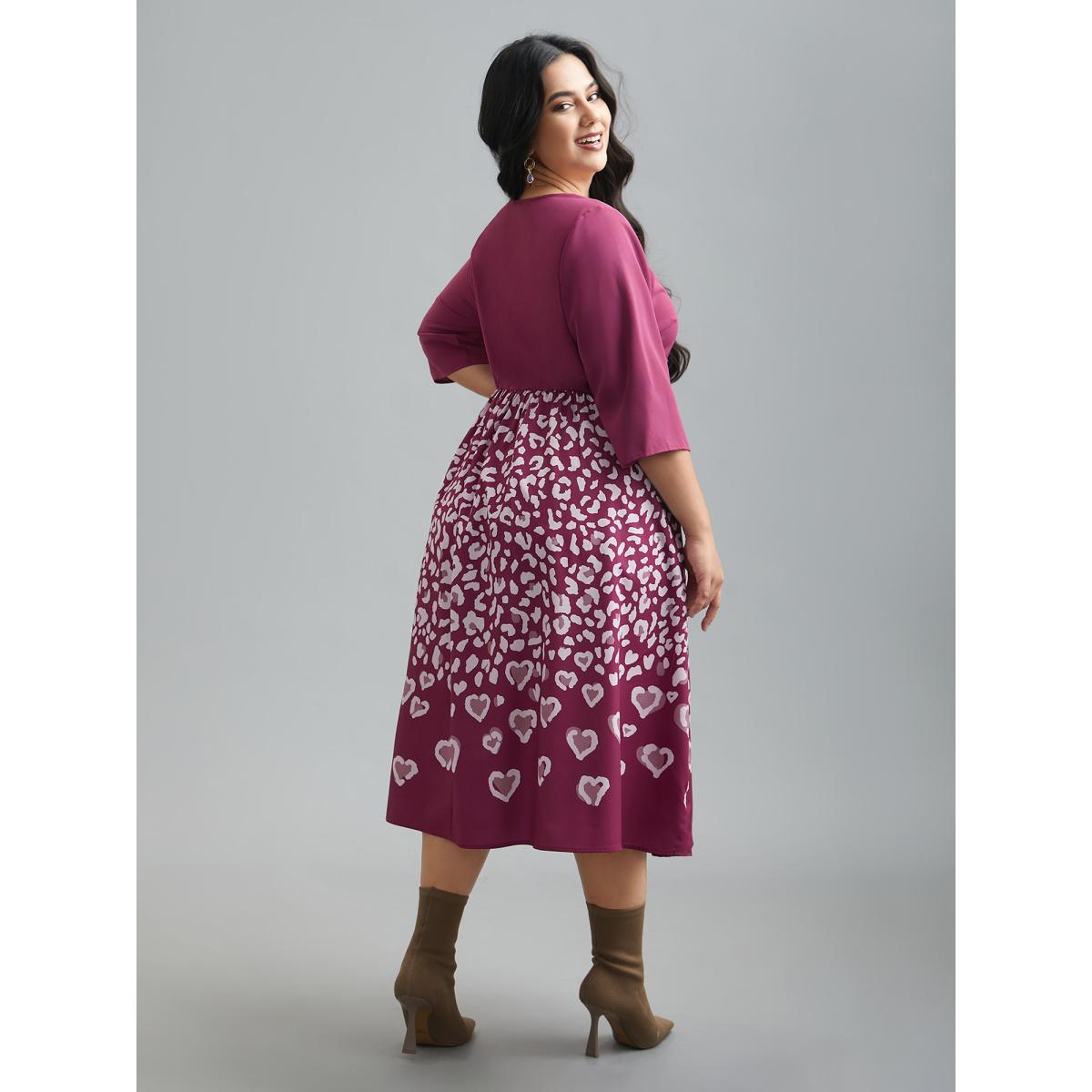 Plus Size Square Neck Contrast Boho Print Midi Dress Deeppurplered Women Elegant Patchwork Square Neck Elbow-length sleeve Curvy BloomChic 22-24/3X Product Image