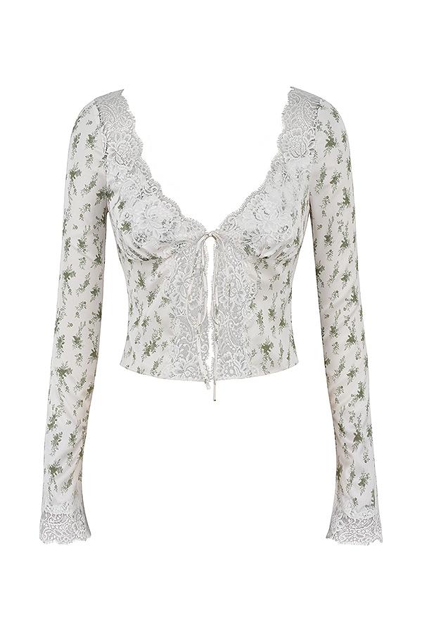 Clarissa  garden print lace trim top Product Image